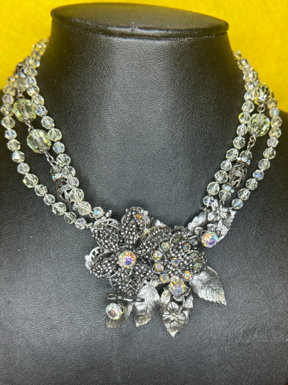 Silver-tone floral and crystal Statement Necklace @ 12”